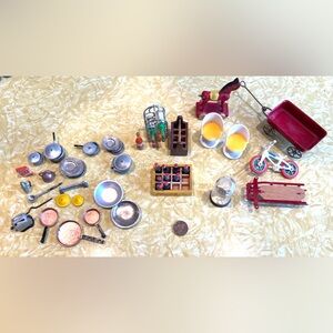 Vtg 50pc Lot Dollhouse Miniature Accessories 1:12 Dishes Toaster Clock Wine Sled